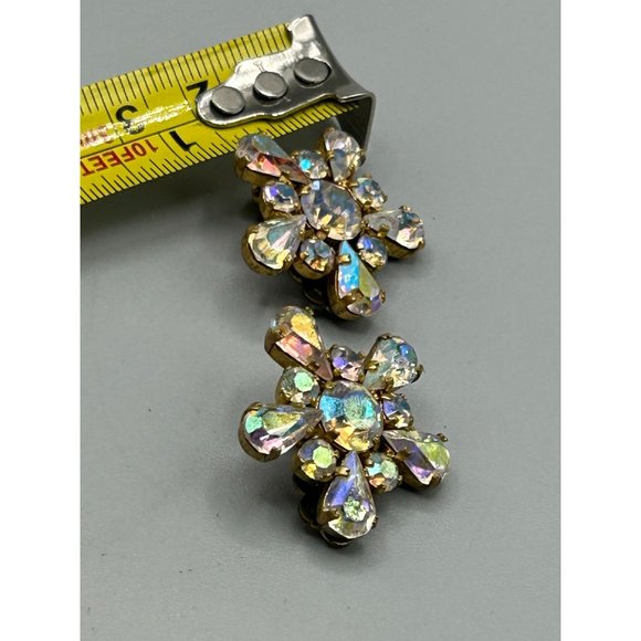 Vintage Made in Austria Clip On Rhinestone Earrings Aurora Borealis Gold Tone - Picture 7 of 7